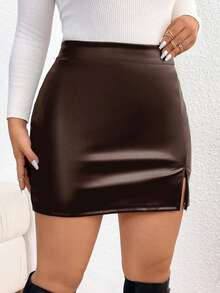 SHEIN Frenchy Falda ajustado con abertura alta y dobladillo envuelto, talla grande, para primavera - Marrón - Ver 4