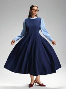 LYSMO Plus Size 2 In 1 Contrast Color A-Line Long Casual Dress Dress Modest Blue Elegant Dress Women - Blue - View 4