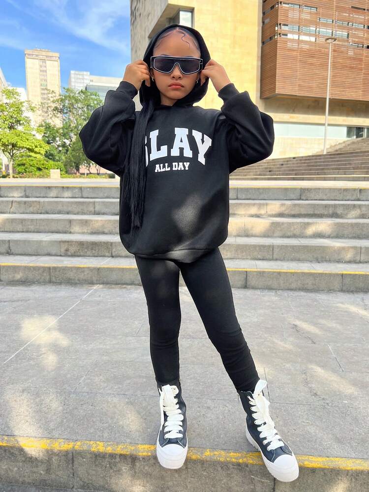 SHEIN Bộ áo hoodie in số và quần jogger cho bé gái tuổi teen, thoải mái và đa năng để mặc hàng ngày - màu đen - Xem 5