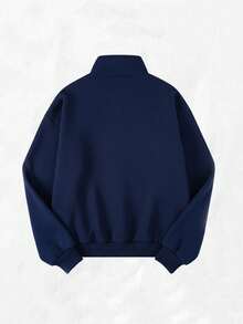 Sparklyn Áo khoác nỉ có khóa kéo in họa tiết vintage dành cho nữ tuổi teen, kiểu dáng thoải mái, rộng rãi, màu xanh navy đậm, thích hợp cho mùa thu/đông. - Xanh đậm - Xem 2