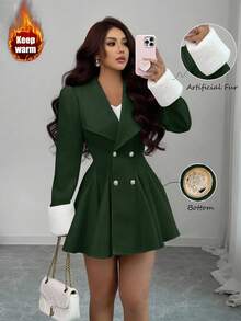 Elenzga Áo khoác len dày dặn dáng chữ A, cổ bẻ, ve bo, eo, chất liệu lông chồn dành cho nữ, thanh lịch, dễ mặc hàng ngày - Màu xanh lá cây đậm - Xem 1