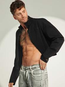 FeverCity Men's Long Sleeve Casual Washed Zip-Up Collar Jacket - Black - View 4
