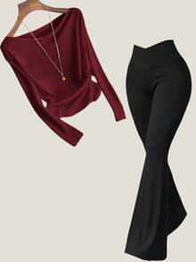 Franclia Elegant French Style Off Shoulder Long Sleeve Cinched Waist Cream White T-Shirt For Women, Autumn/Winter - Burgundy - View 5