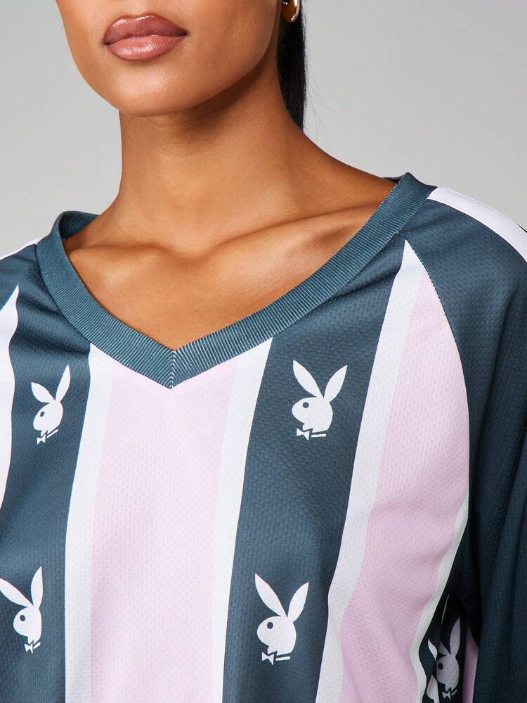 Missguided x Playboy Bunny Logo Striped Long Sleeve Athletic Top V-Neck Football Jersey Style Crop