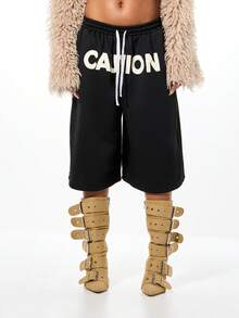 SUMWON WOMEN Quần short denim rộng thùng thình với họa tiết tương phản cho lễ hội đường phố mùa hè - màu đen - Xem 6