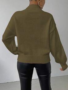 SHEIN LUNE Women's Contrast Color Pattern Turtleneck Long Sleeve Sweater - Dark Green - View 2
