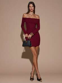 SHEIN BAE 1 chiếc váy ngắn ôm sát tay dài trễ vai màu trơn dành cho nữ, thanh lịch và gợi cảm cho tiệc tùng, cocktail, dịp trang trọng, phù dâu, sinh nhật, giáng sinh, halloween - Màu Đỏ Sâu - Xem 3