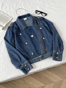 Elamini 女士时尚通勤牛仔上衣（配腰带）秋季 - 中等水洗藍 - 查看 1