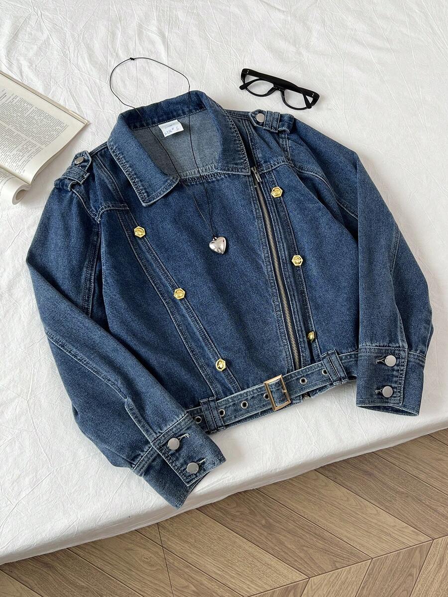 Elamini 女士时尚通勤牛仔上衣（配腰带）秋季 - 中等水洗藍 - 查看 1