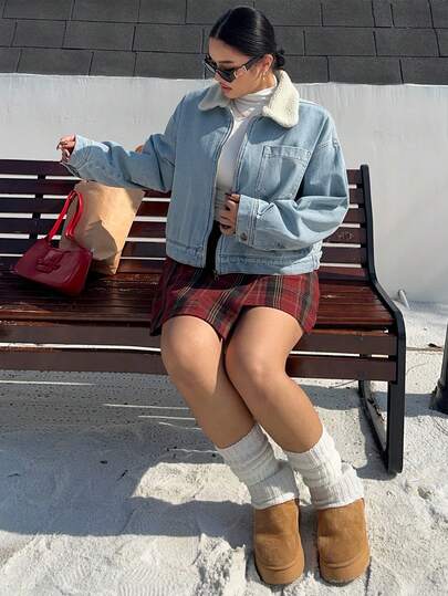 Dazy Plus 加大码保暖内衬拼布仿羊毛夹克，带牛仔口袋，宽松拉链牛仔夹克，秋冬