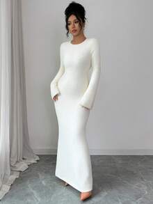 Rafferiza Women's Solid Color Round Neck Fitted Dress, Autumn, Christmas - White - View 4