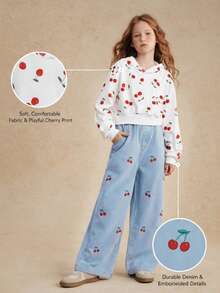 SHEIN Girls Casual Fashion Denim Jeans 1 Piece Knit Comfortable Embroidered Cherry Pattern Cute Outdoor Classic Embroidery Set Fall Winter - Multicolor - View 8