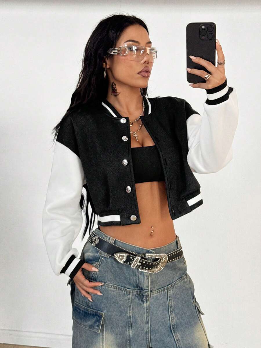 SHEIN PETITE 1 pieza Chaqueta bomber ligera de mujer con bloques de color contrastantes, ropa casual para el trayecto en otoño/invierno - Negro - Ver 1