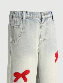 SHEIN ChillGRL Tween Girl Light Blue Jeans, Cute Back-To-School Summer School Loose Fit Straight Leg Baggy Jeans With Red Bowknot Embroidered Y2k Pants - Blue - View 4