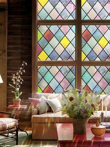 1 Roll Retro Diamond Window Decorative Film, Rainbow Grid Static Cling Privacy Film, Non-Adhesive UV Blocking, For Home Decor, Size 17.7 X 118 Inch - 彩色 - 查看 23