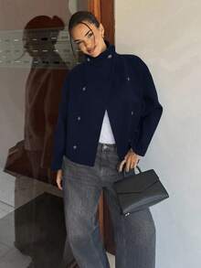 Siren Gaze Áo khoác len hai hàng khuy trơn màu thời trang dành cho nữ, màu xanh navy - Màu xanh hải quân - Xem 3