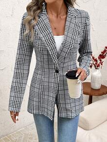 SHEIN Clasi 女士优雅百搭格纹西装外套，适合通勤和办公穿着，法式风格，松紧腰带经典黑白格纹修身西装外套，适合通勤 - 黑與白 - 查看 7