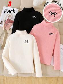 SHEIN 3件套 少女休闲罗纹针织刺绣蝴蝶结高领修身T恤，加厚保暖内衬，秋冬女童套头衫 - 彩色 - 查看 6