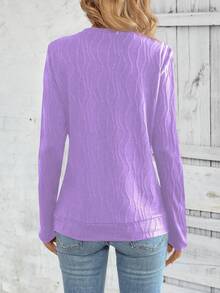 SHEIN LUNE 女式纹理圆领长袖纽扣设计休闲T恤，秋季 - 紫色 - 查看 2