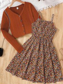 SHEIN 少女两件套：棕色罗纹针织开衫夹克和碎花腰带吊带裙，复古休闲假日装 - 彩色 - 查看 4