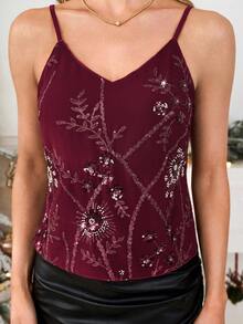 Gownix 亮片刺绣吊带背心，时尚优雅，适合派对、新年、圣诞节等场合，亮片闪耀夺目。 - 紅色 - 查看 4