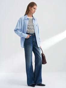 INAWLY Áo sơ mi dài tay cài nút màu trơn thường ngày dành cho nữ - Màu xanh nhạt - Xem 2