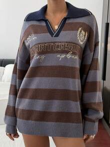 Livesso Women's Loose Business Casual Striped Letter Pattern Knit Pullover Sweater, Fashionable Street Style For School Season, Autumn/Winter - Blue - View 4