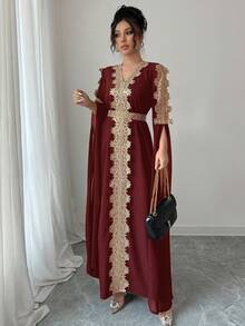 Rafferiza Áo choàng Abaya chắp vá tay dài cho nữ, váy Kaftan viền ren màu trơn - Màu Đỏ Sâu - Xem 7