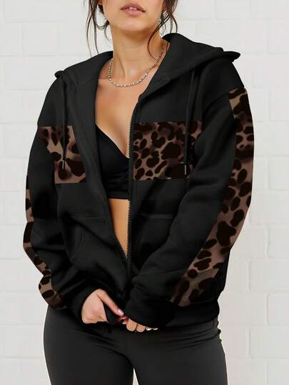 Plus Size Casual Leopard Print Patchwork Sweatshirt, Autumn/Winter