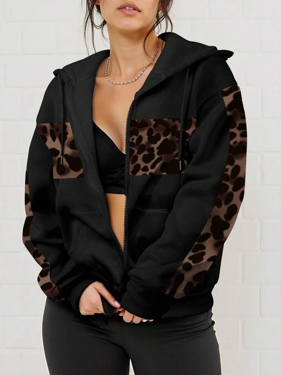 Sudadera informal de talla grande con estampado de leopardo y parches, otoño/invierno - Multicolor - Ver 1