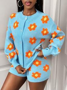 BamGleam Áo len nữ hai mảnh cardigan dệt kim dài nút trắng cam vàng họa tiết hoa áo vest nhỏ hở rốn ngắn thường ngày gợi cảm du lịch nghỉ dưỡng thường ngày tiệc tùng quần áo nữ xuân thu hè đông thu - Màu xanh lam - Xem 4