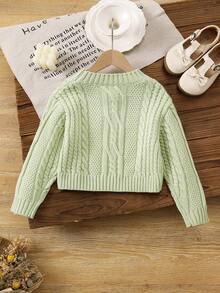 SHEIN Vintaside Kids 女童手工刺绣花卉针织落肩短款毛衣，适合秋冬季外套 - 綠色 - 查看 2