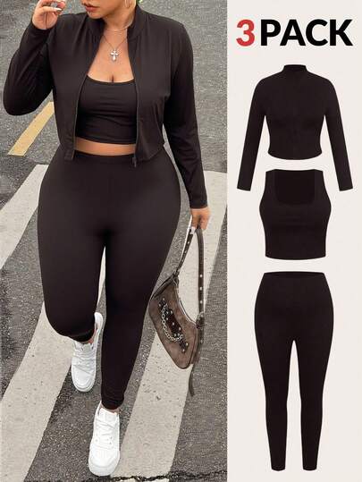 SHEIN EZwear 3 pièces Ensemble de yoga grande taille noir : Débardeur, Veste et Pantalon, Extensible et Léger