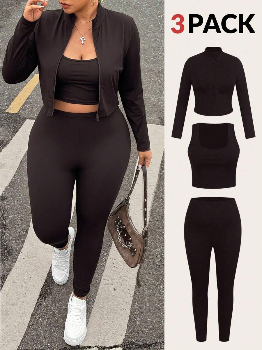 SHEIN EZwear Bộ đồ tập yoga 3 món cỡ lớn màu đen: Áo vest, áo khoác và quần, co giãn và nhẹ - màu nâu - Xem 1
