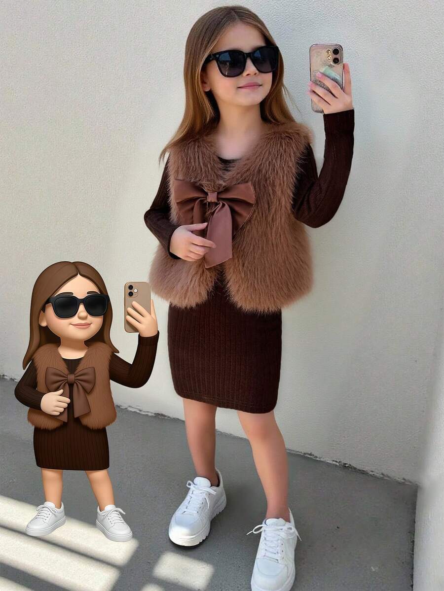 SHEIN Set Long Sleeve Girls Vintage Brown Bow Furry Vest And Turtleneck Colorblock Plaid Pleated Dress, Sweet & Cute Daily, Party