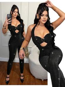 SHEIN SXY 派对性感黑色吊带露背连体裤 - 黑色 - 查看 1
