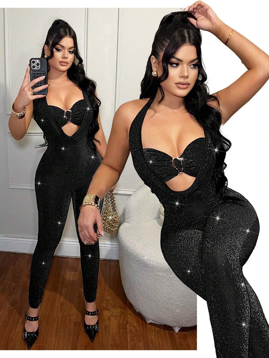 SHEIN SXY 派对性感黑色吊带露背连体裤 - 黑色 - 查看 1