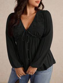 Elaquor Plus Size Women's Casual Solid Color V-Neck Long Sleeve Shirt Plus Size Black Tops Black Babydoll Top/Fall/Winter - Black - View 5