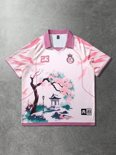 Anime Polo para hombre, polo de manga corta casual y deportivo con estampado gráfico de sakura y texto en inglés