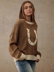 WESTFADE Suéter de punto holgado con cuello redondo, bordado con herradura, de manga larga y bloque de color, para otoño, invierno, estilo bohemio, western, para mujer, casual, lindo, para conciertos country - Caqui - Ver 4