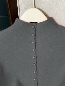 Franclia 休闲宽松高领无袖针织纽扣设计红色女式毛衣上衣，春秋 - 深灰色 - 查看 3