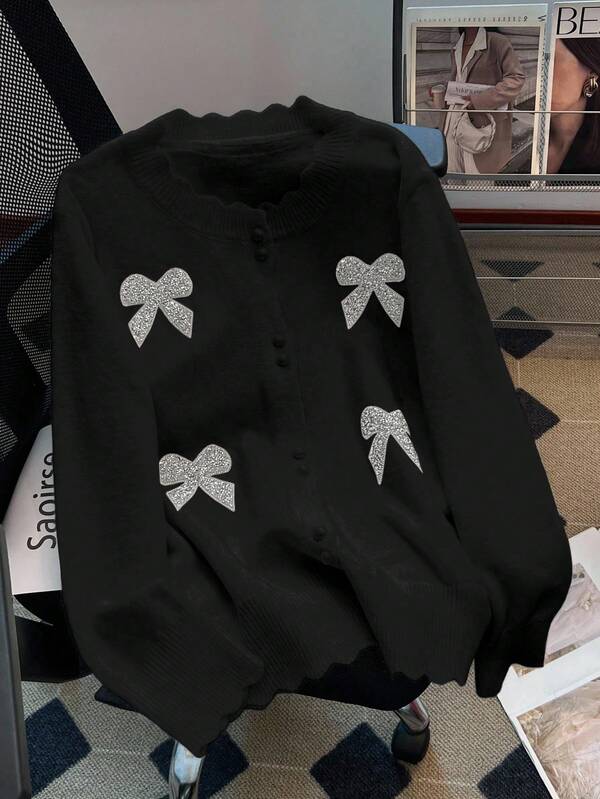 GlowEve CURVE 大码女式休闲蝴蝶结长袖针织开衫，秋冬