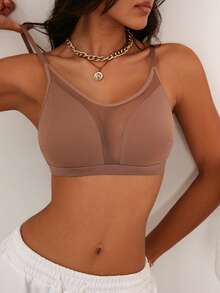 Women's Plain Apricot Casual Bralette With Slight Stretch And Contrast Mesh Detail - Apricot - View 3