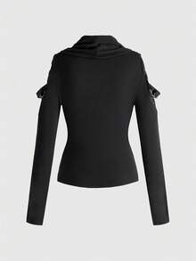 ROMWE Goth Gotisk korsad mesh, transparent spetsmönster, off-shoulder-topp med polotröja och bodycon för kvinnor - Svart - Visa 2