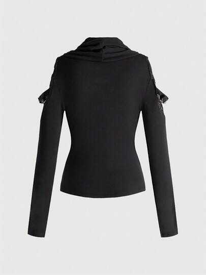 Goth Top moulant col roulé avec patchwork de dentelle transparente et de mailles style gothique croisé pour femmes