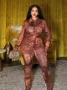 Slaydiva Bộ trang phục nữ Thu/Đông mới về, áo dài tay in họa tiết trừu tượng màu nâu và quần ống ôm xẻ tà, set 2 món. - màu nâu - Xem 4