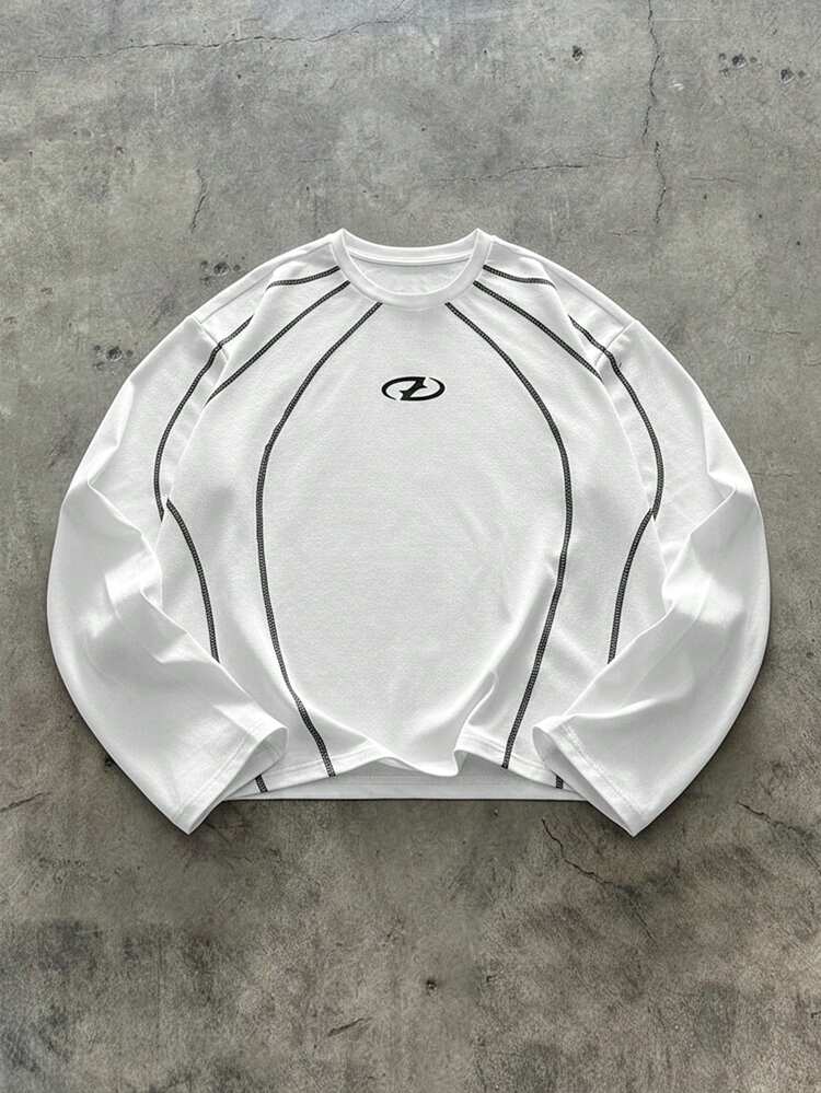 AXEPEAK Men's Geometric Print Crew Neck Casual Loose Long Sleeve T-Shirt - White - View 1