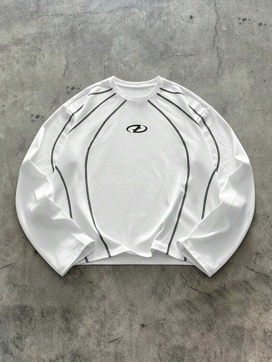 AXEPEAK Men's Geometric Print Crew Neck Casual Loose Long Sleeve T-Shirt - White - View 1