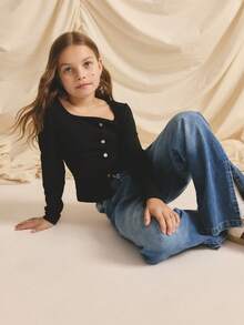 Tween Girl Solid Color Square Neck Fitted Long Sleeve T-Shirt - Black - View 7