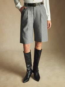 BizChic 2025秋冬新款灰色褶裥腰侧口袋百慕大短裤，复古别致优雅都市通勤休闲浪漫90年代圣诞节新年、感恩节派对海滩毕业典礼时尚百搭简约浪漫，适合婚礼宾客、主人、约会、派对、音乐会、早午餐、机场等多种场合。 - 灰色 - 查看 1